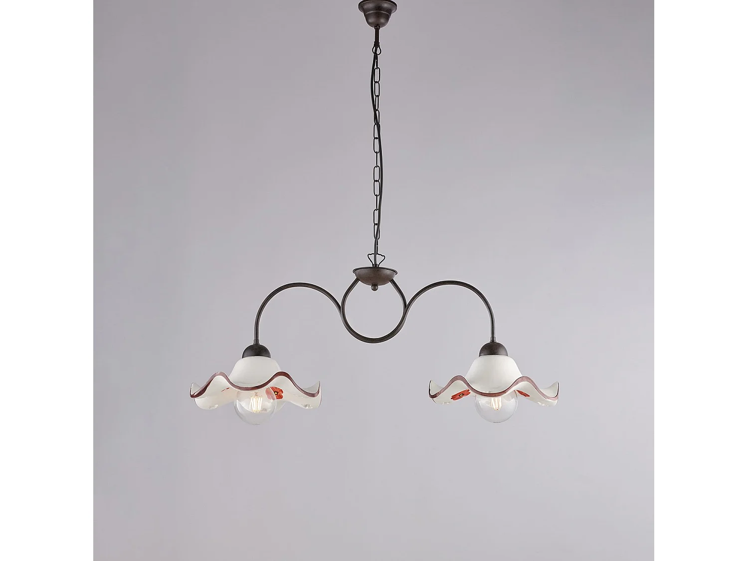 Lustre Anémone fer noir, déco rouille, diffuseurs céramique d.30 blanc/marron, 2 lumières, format 81x30 cm, style rustique