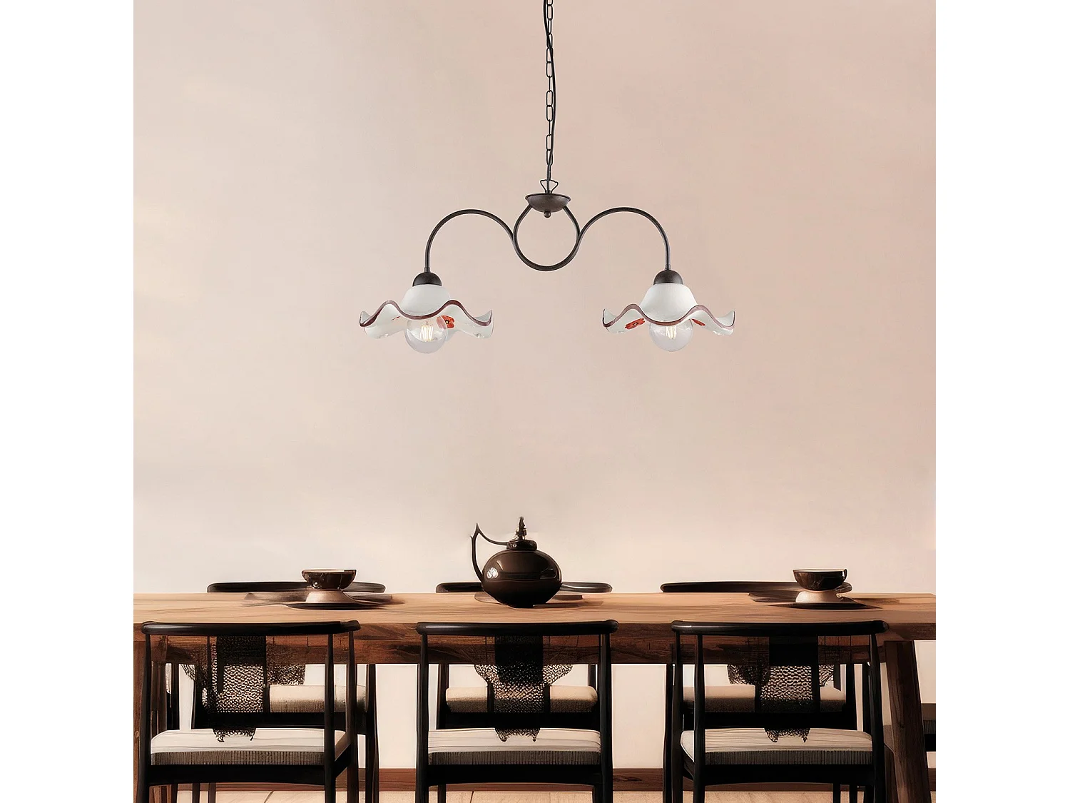 Lustre Anémone fer noir, déco rouille, diffuseurs céramique d.30 blanc/marron, 2 lumières, format 81x30 cm, style rustique