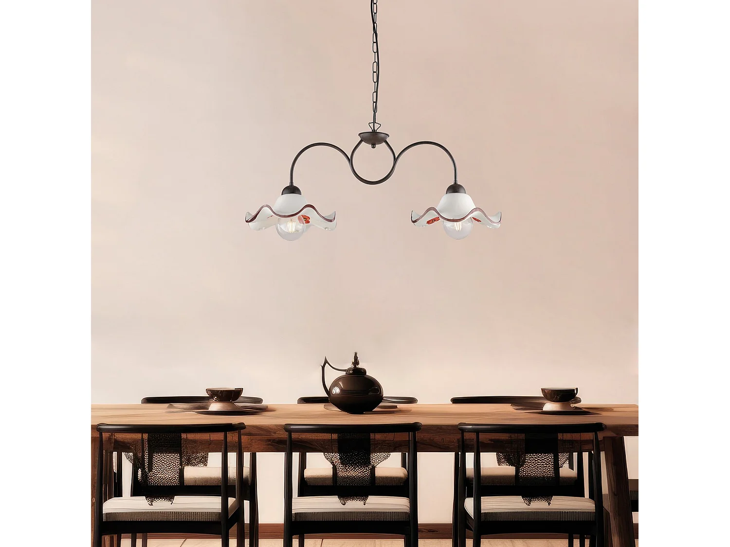 Lustre Anémone fer noir, déco rouille, diffuseurs céramique d.30 blanc/marron, 2 lumières, format 81x30 cm, style rustique