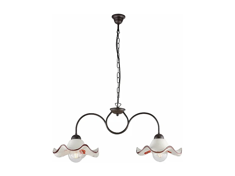 Lustre Anémone fer noir, déco rouille, diffuseurs céramique d.30 blanc/marron, 2 lumières, format 81x30 cm, style rustique