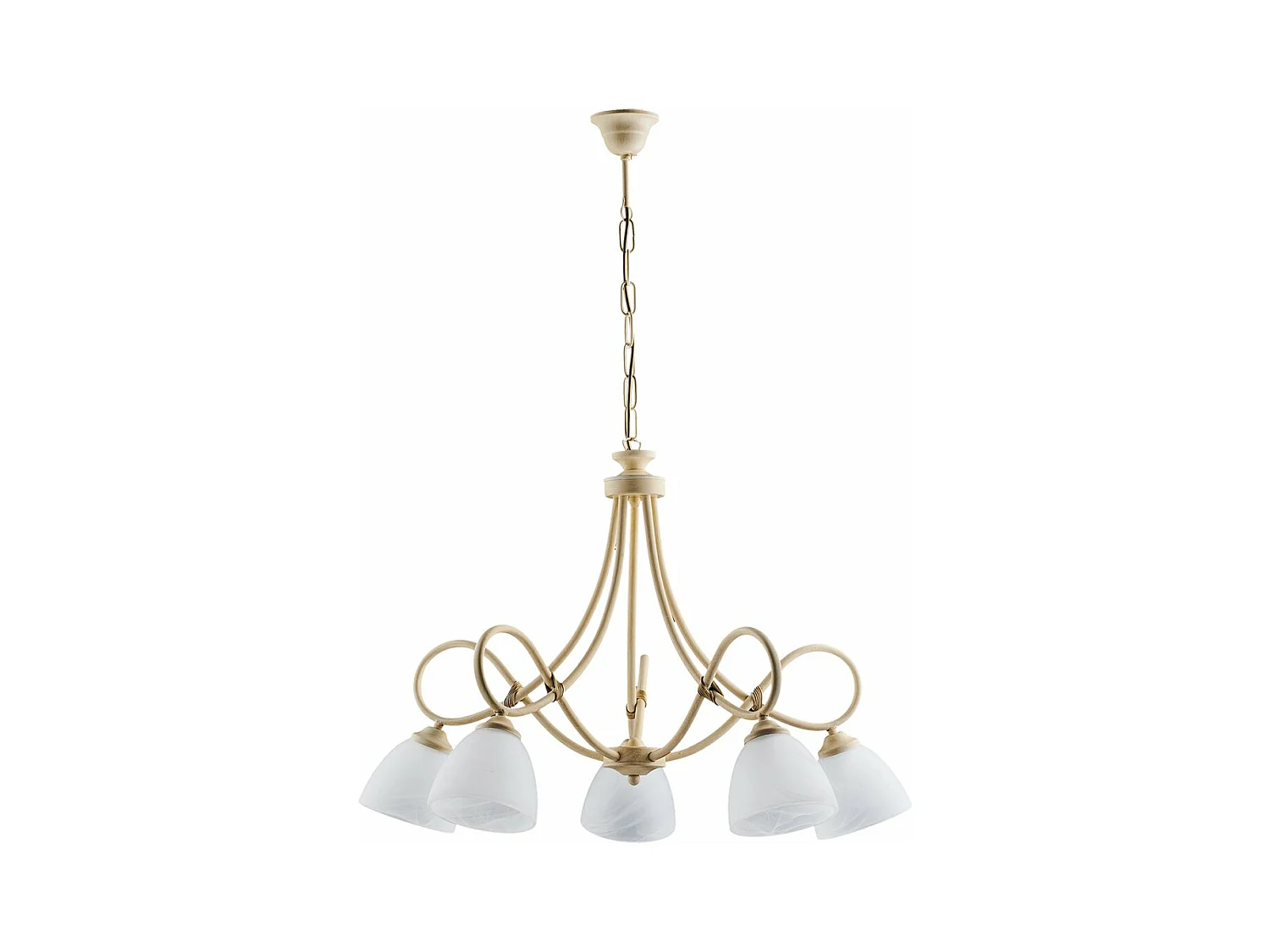 Lustre Dallas ivoire, effet décapé/or antique, verre albâtre d.13, 5 lumières style classique revisité