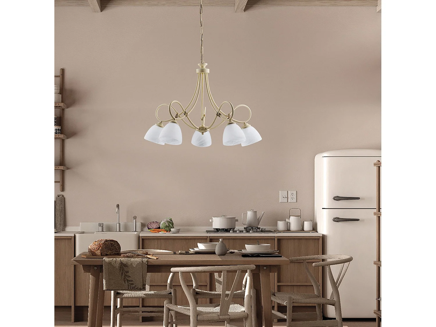 Dallas - Lámpara de araña marfil con efecto decapé y cristal blanco, acabado oro antiguo, 5 luces