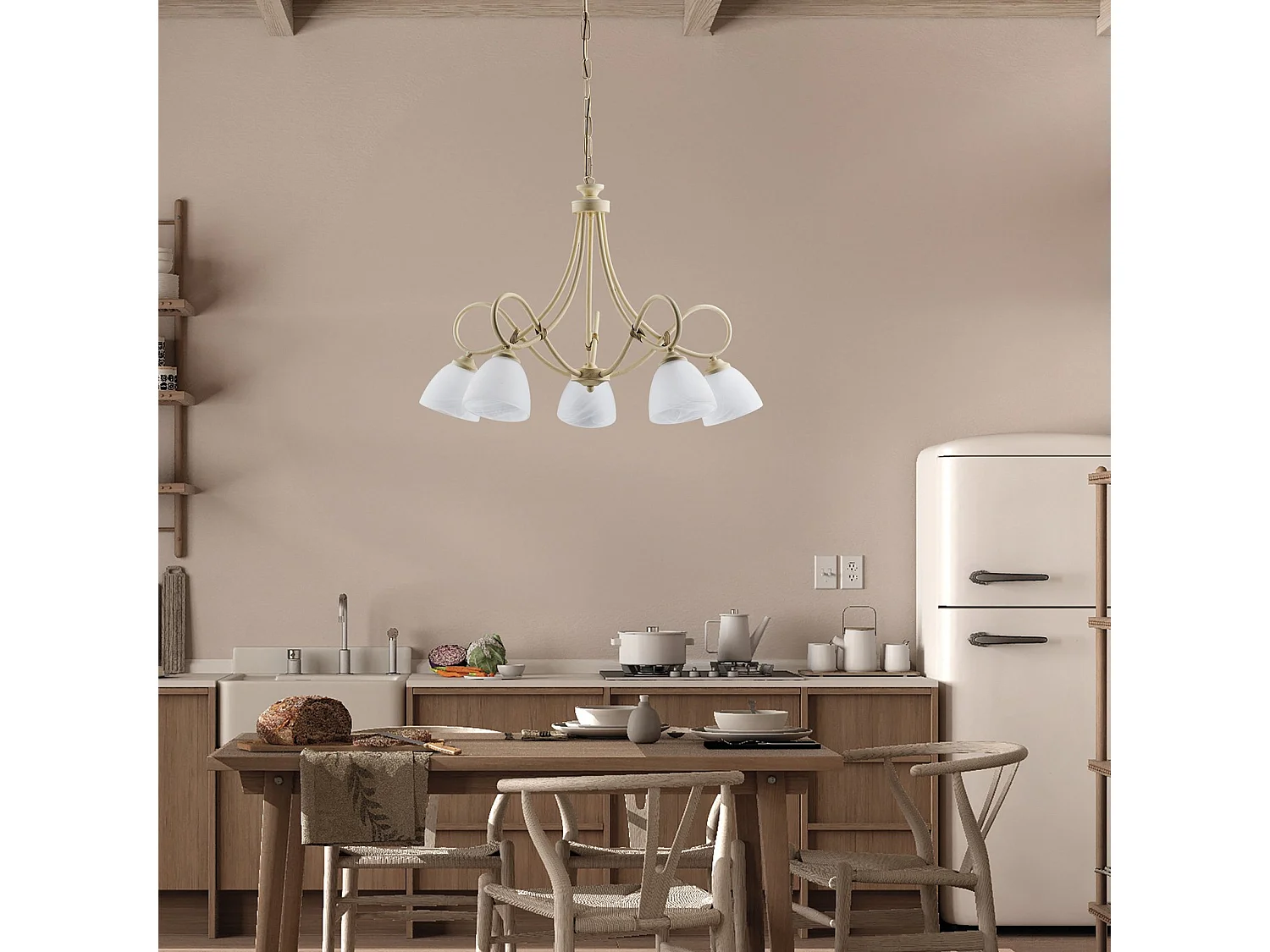 Dallas - Lámpara de araña marfil con efecto decapé y cristal blanco, acabado oro antiguo, 5 luces