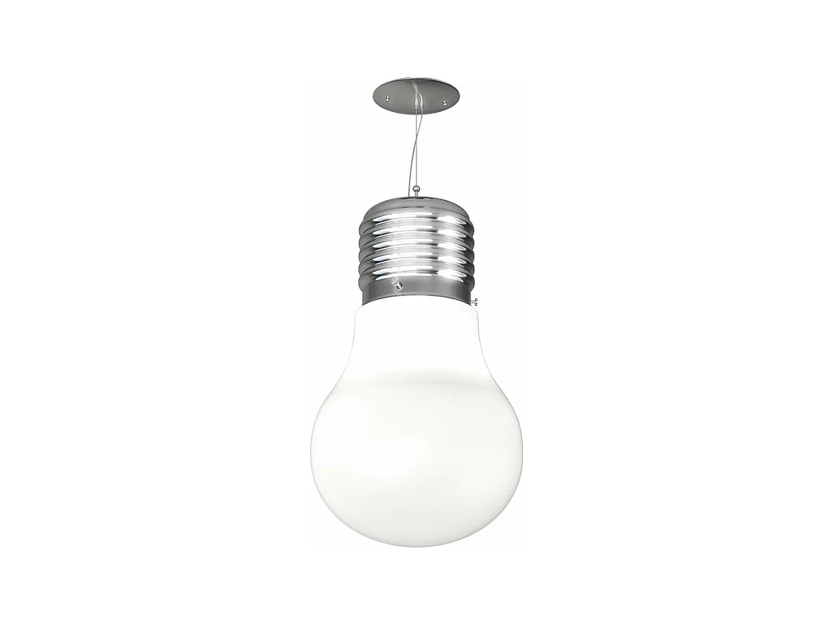 Suspension Toplight Big Lamp 1 lumière E27 en verre blanc et métal chromé, hauteur réglable, design en forme d'ampoule d.30x120cm