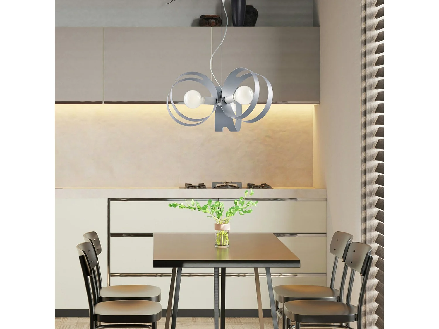 Suspension Peter fer blanc, bandes grises laser, câble acier réglable, 3 lumières d.48 cm, look graphique moderne