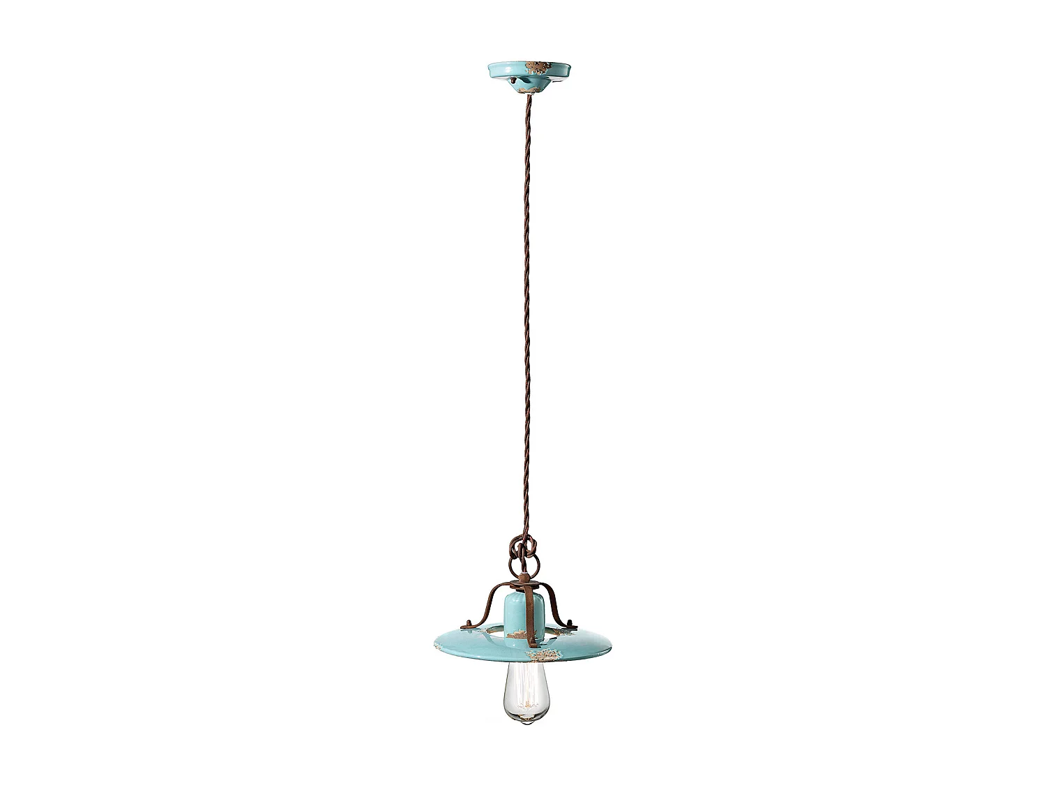 Lampadario Vintage Country Ferro E Ceramica Azzurro 1 Luce E27 25Cm