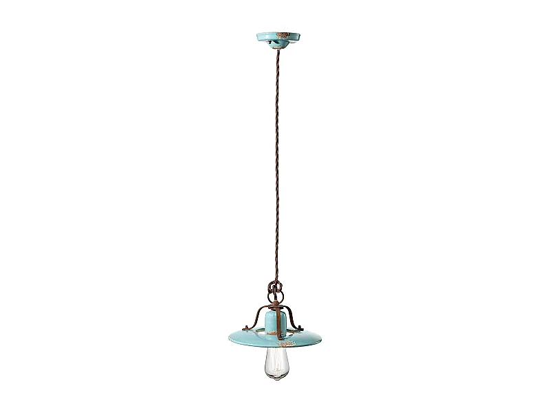 Lampadario Vintage Country Ferro E Ceramica Azzurro 1 Luce E27 25Cm