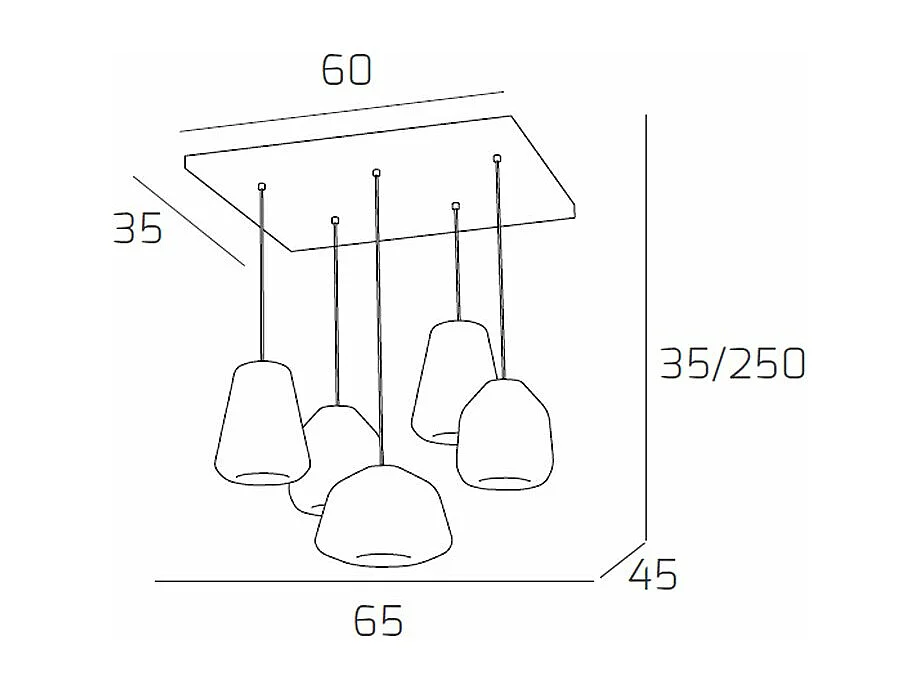 Sospensione Cromo 5 Luci Rettangolare Vetri 1X Alpha + 2X Beta + 2X Gamma Ambra