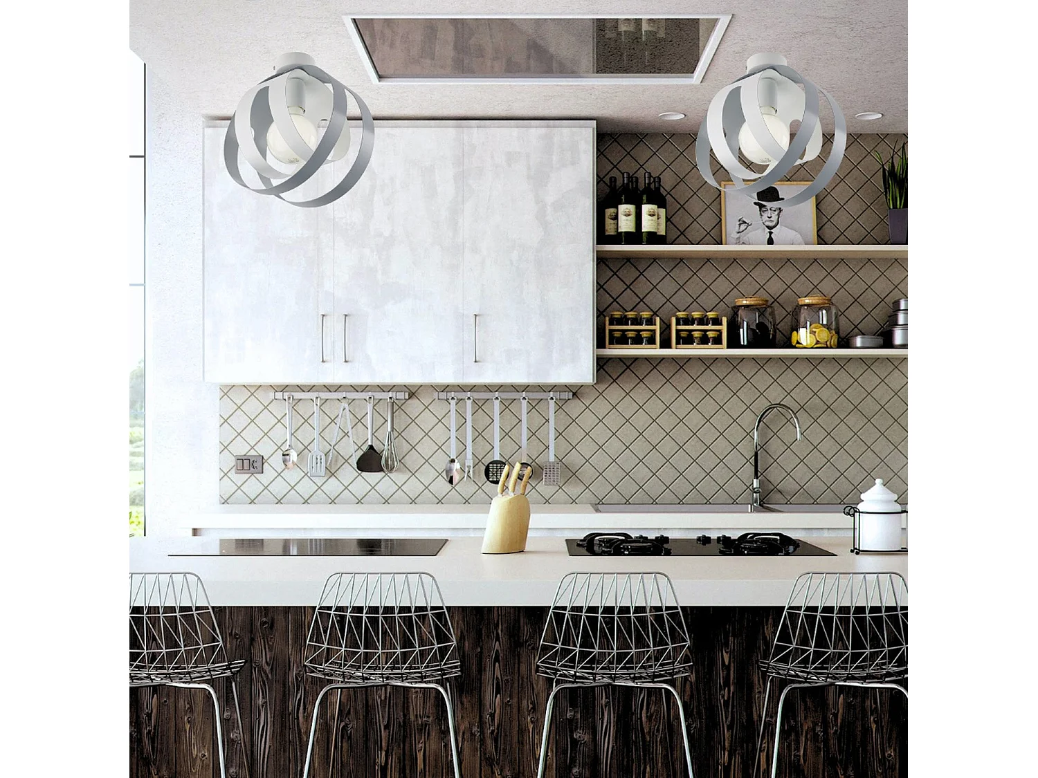 Lampada a Soffitto Classica Impero Acciaio Cromo Vetro Trasparente 6 Luci E14