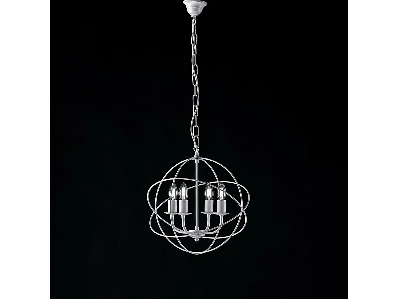 Lampadario a Sospensione 4 Luci Sfera Ferro Bianco e Argento Serie Williams