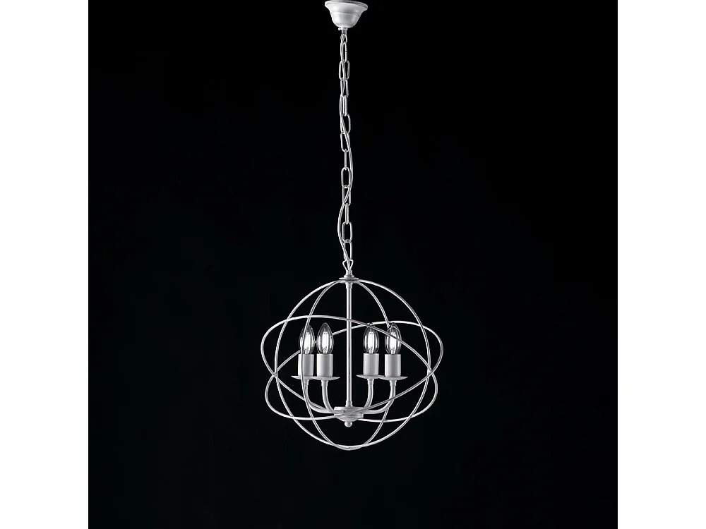 Lampadario a Sospensione 4 Luci Sfera Ferro Bianco e Argento Serie Williams