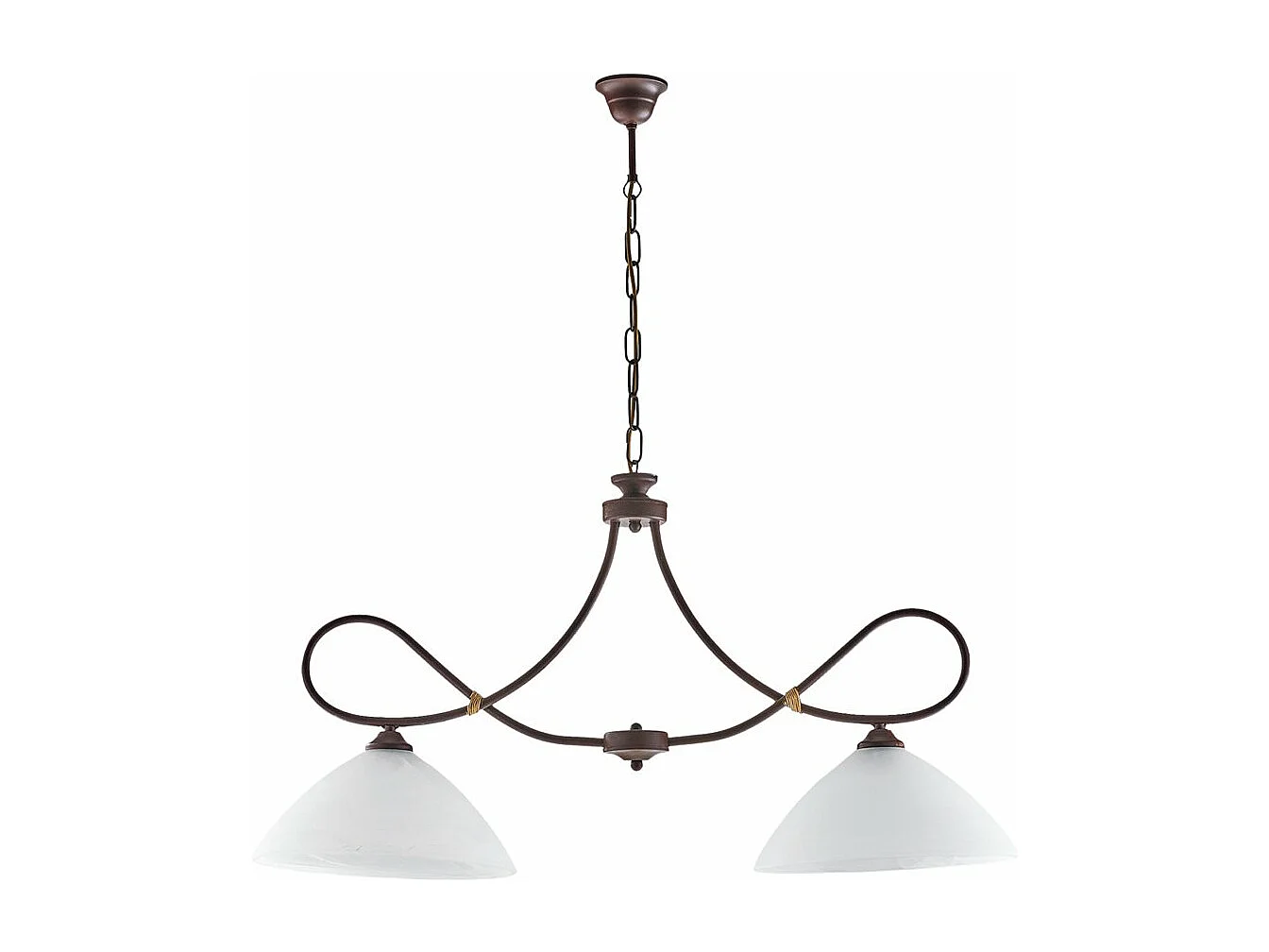 Lustre Dallas noir, effet rouille et or antique, verre albâtre d.13, 2 lumières parfait petits espaces