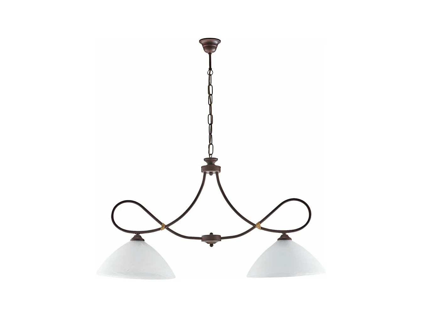 Lustre Dallas noir, effet rouille et or antique, verre albâtre d.13, 2 lumières parfait petits espaces