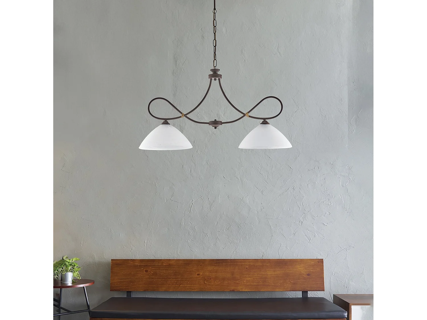 Dallas - Lustre em ferro lacado preto com deco efeito ferrugem e acabamento em ouro antigo com difusores de vidro d. 13 alabastro branco 2 luzes