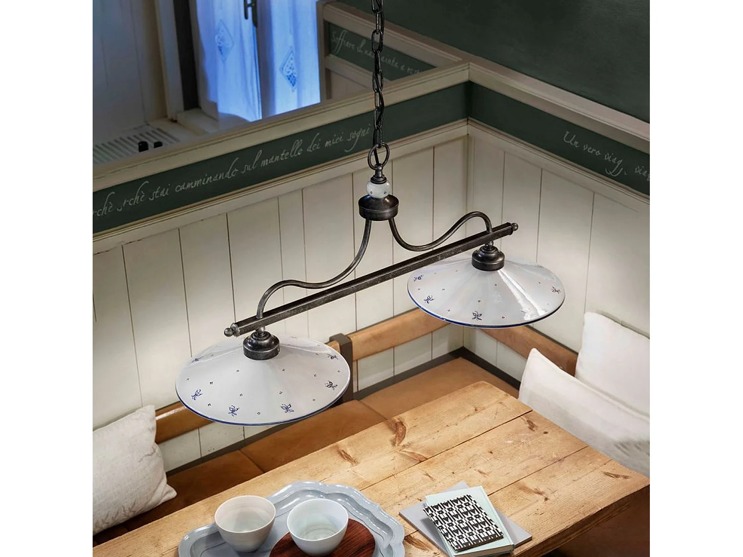 Lampadario Classico Asti Metallo E Ceramica Nero Sfumato Argento 2 Luci E27