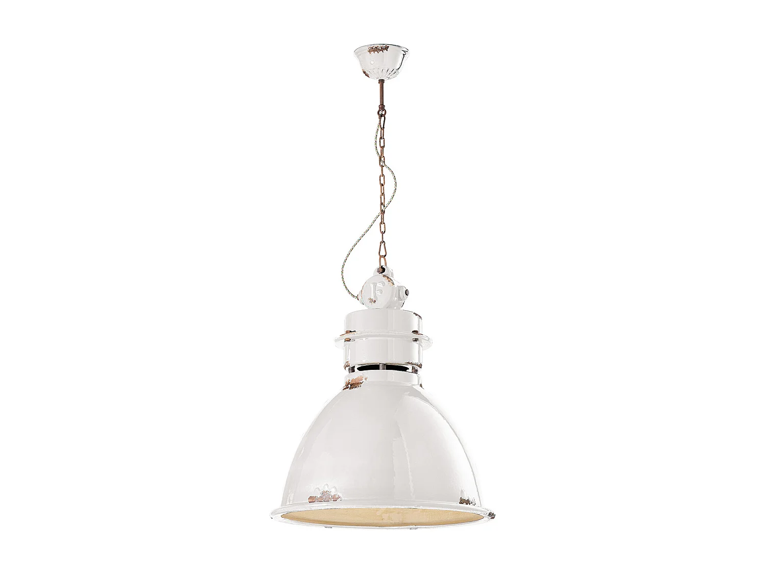 Lampadario Industrial Ferro E Ceramica Vintage Bianco 1 Luce E27 50Cm