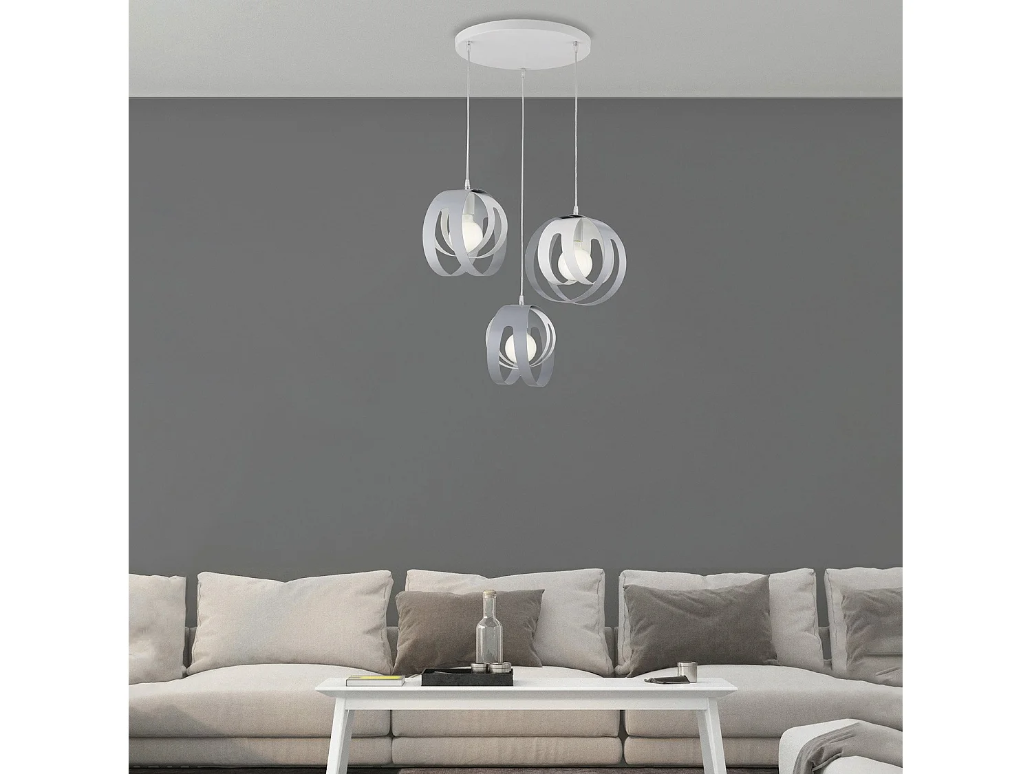 Suspension Tobias fer blanc/gris, rosace circulaire, câble orientable, diffuseurs découpés laser, 3 lumières d.55 cm