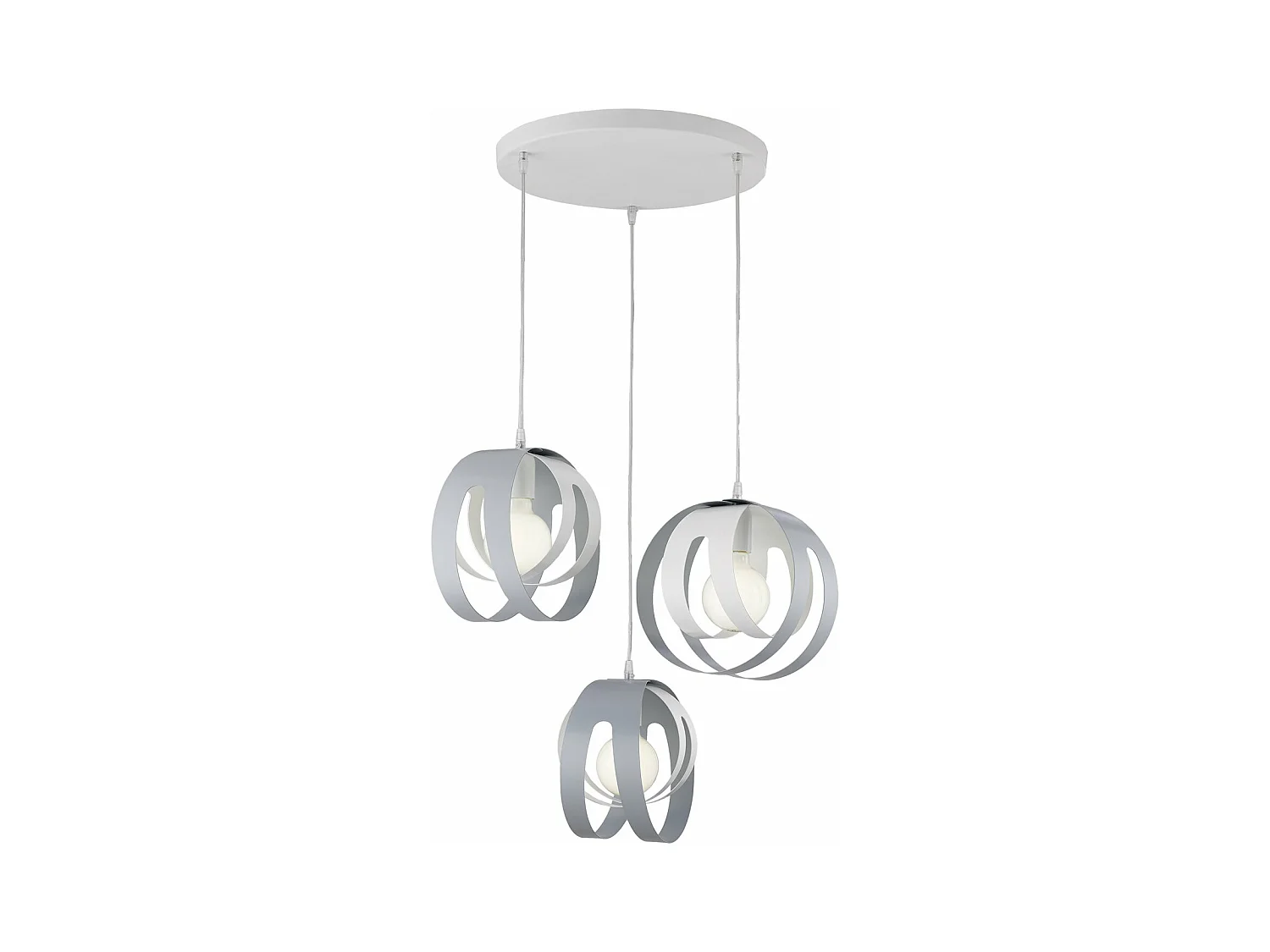 Suspension Tobias fer blanc/gris, rosace circulaire, câble orientable, diffuseurs découpés laser, 3 lumières d.55 cm