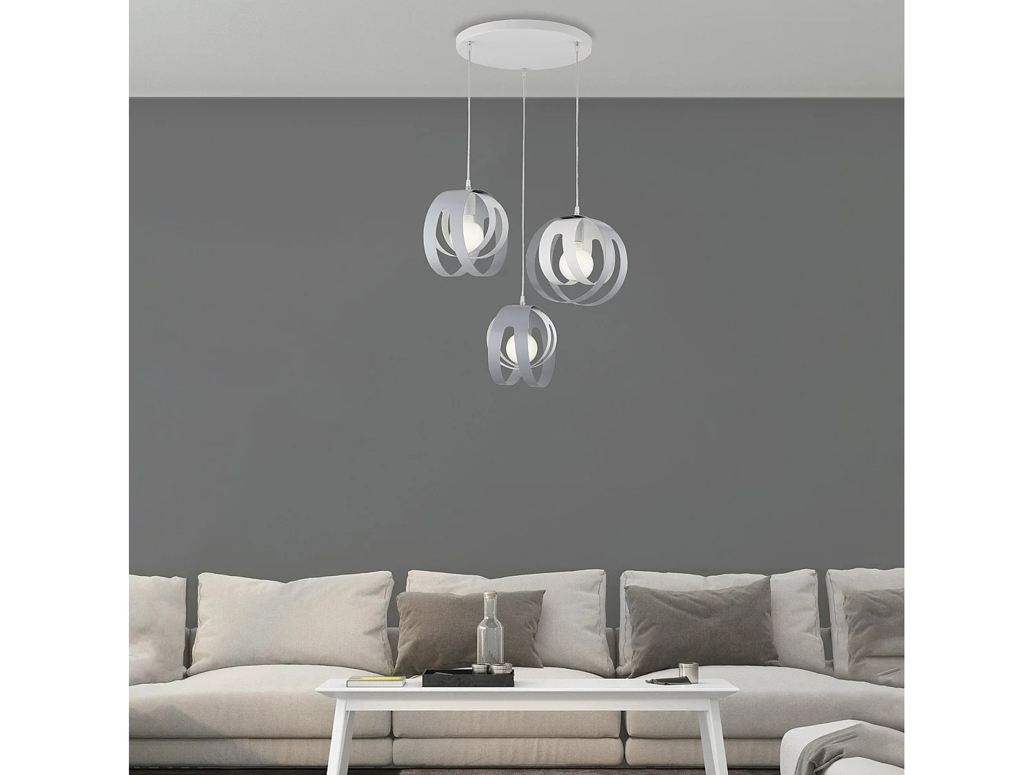 Suspension Tobias fer blanc/gris, rosace circulaire, câble orientable, diffuseurs découpés laser, 3 lumières d.55 cm