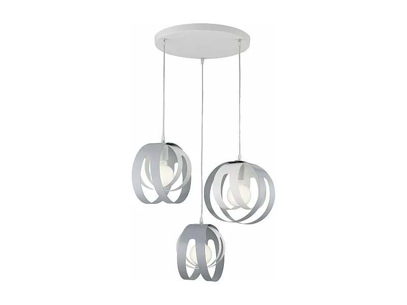 Suspension Tobias fer blanc/gris, rosace circulaire, câble orientable, diffuseurs découpés laser, 3 lumières d.55 cm