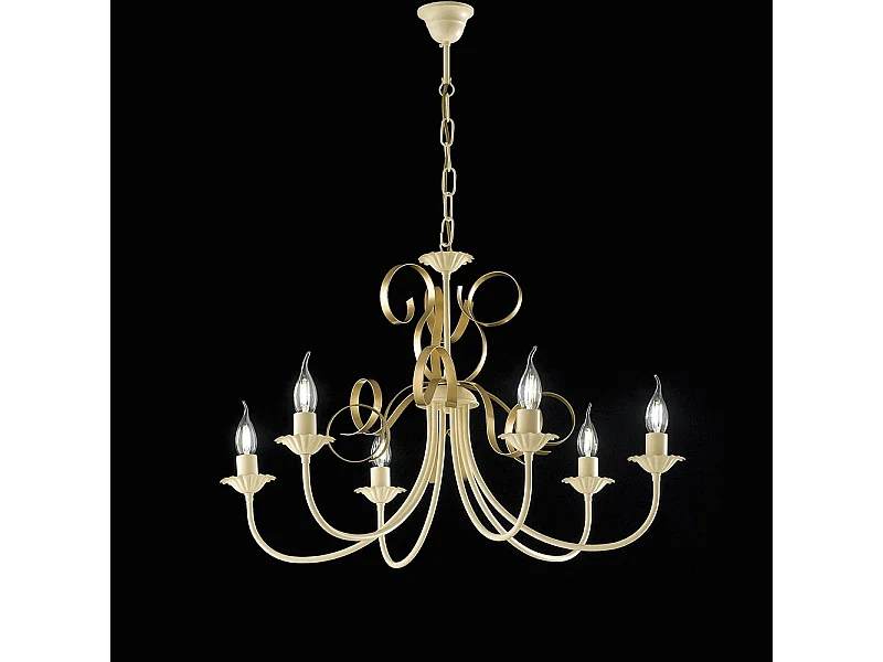 Lampadario Classico 6 Luci Ferro Battuto Avorio e Oro Serie Bandolo