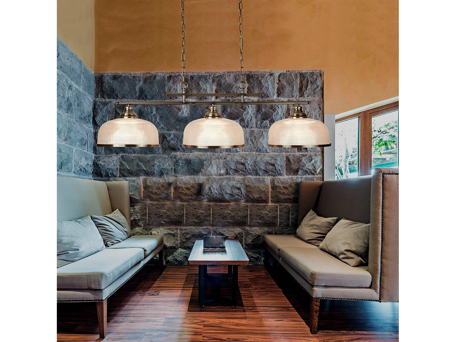 Searchlight Bistro - 3 luci a sospensione a soffitto, barra bianca, ottone antico con paralumi in vetro, attacco E27