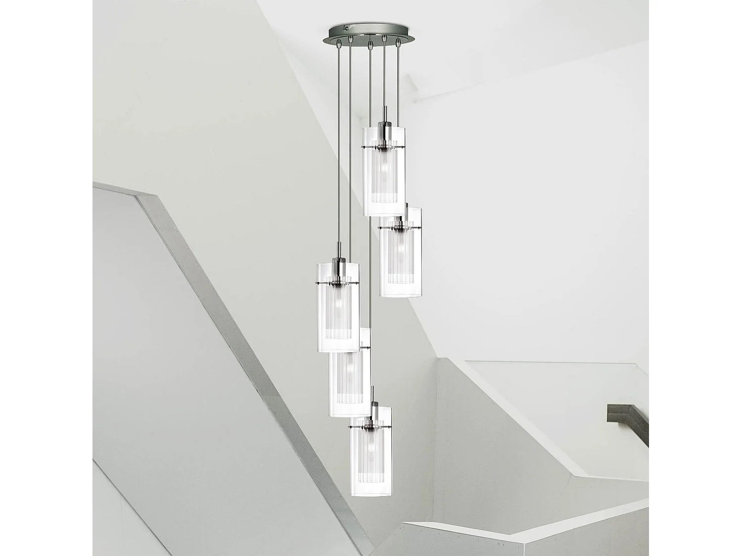 Searchlight Duo 1 - Sospensione a grappolo a spirale con 5 luci cromate, vetro, attacco E14