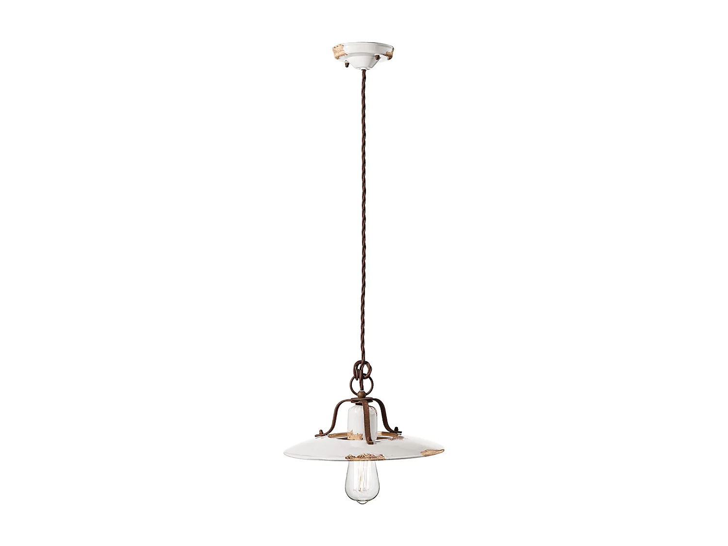 Lampadario Vintage Country Ferro E Ceramica Bianco 1 Luce E27 30Cm