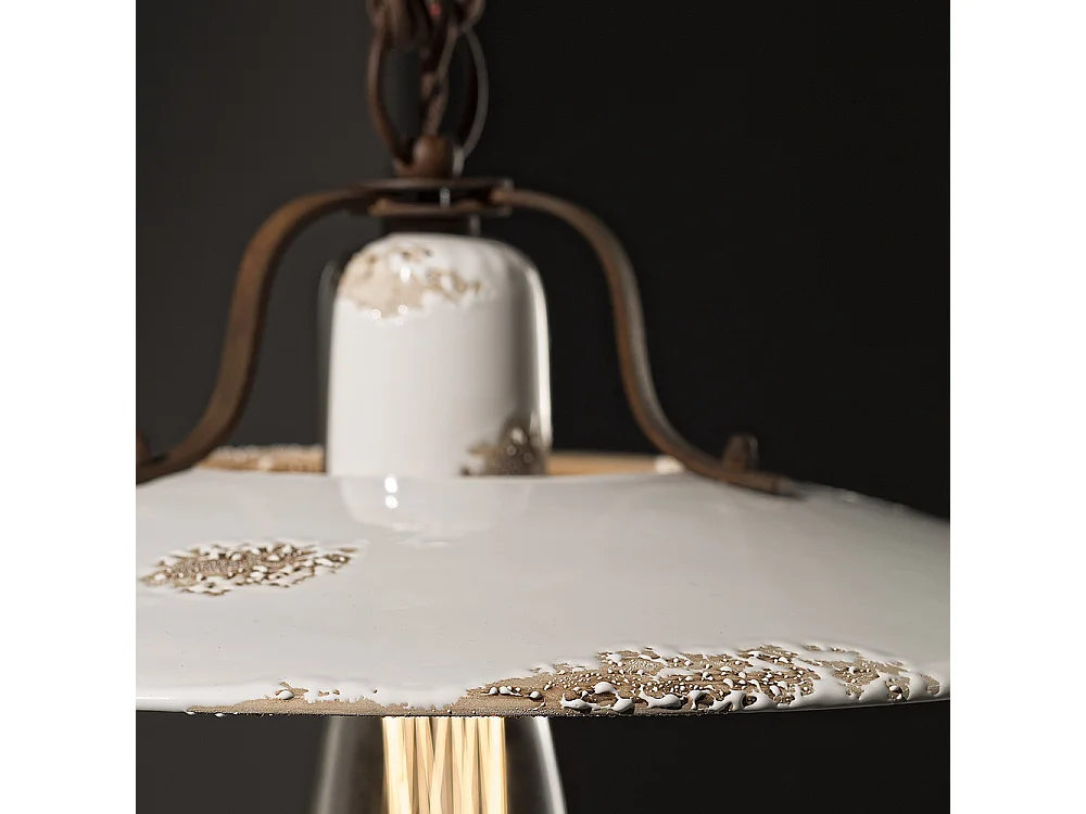 Lampadario Vintage Country Ferro E Ceramica Bianco 1 Luce E27 30Cm