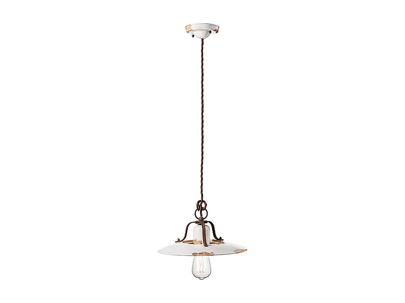 Lampadario Vintage Country Ferro E Ceramica Bianco 1 Luce E27 30Cm
