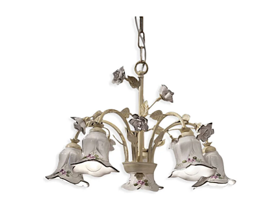 Lampadario Classico Pisa Metallo E Ceramica Bianco Sfumato Oro 5 Luci E14