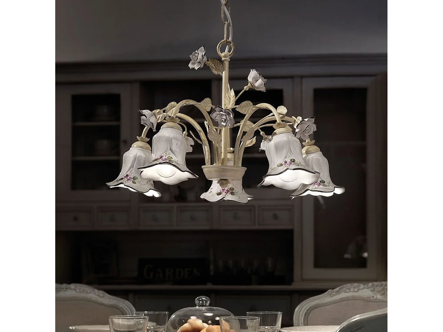 Lampadario Classico Pisa Metallo E Ceramica Bianco Sfumato Oro 5 Luci E14