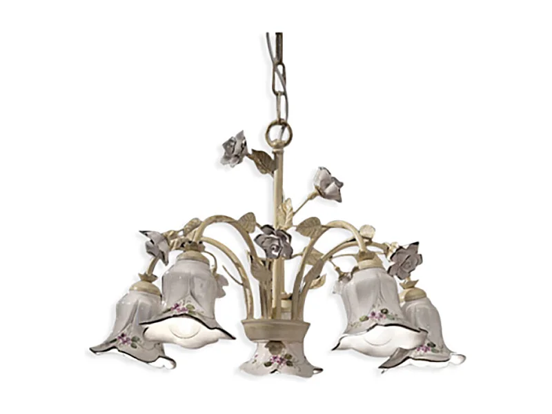 Lampadario Classico Pisa Metallo E Ceramica Bianco Sfumato Oro 5 Luci E14