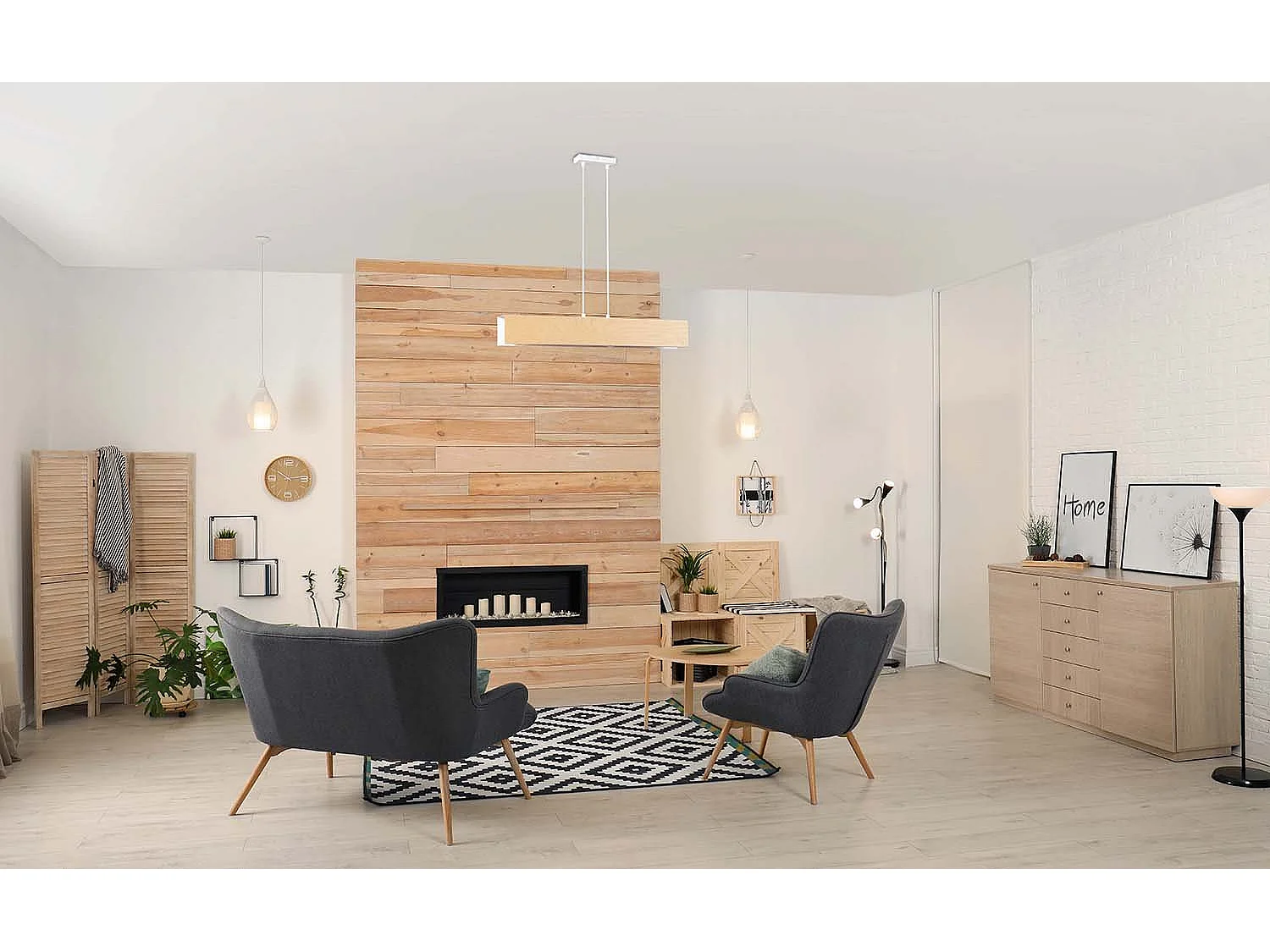 Lampadario 3 Luci Carlo In Acciaio Bianco Corpo Rettangolare E Legno Naturale