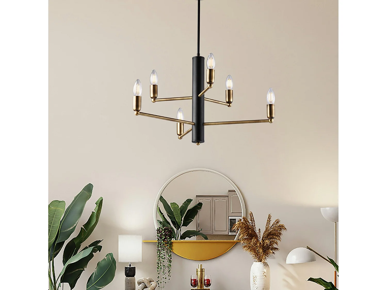 Isak Suspension en fer laqué noir finitions laiton bruni brossé 6 lumières H.66 d.53 BL311-6-NR