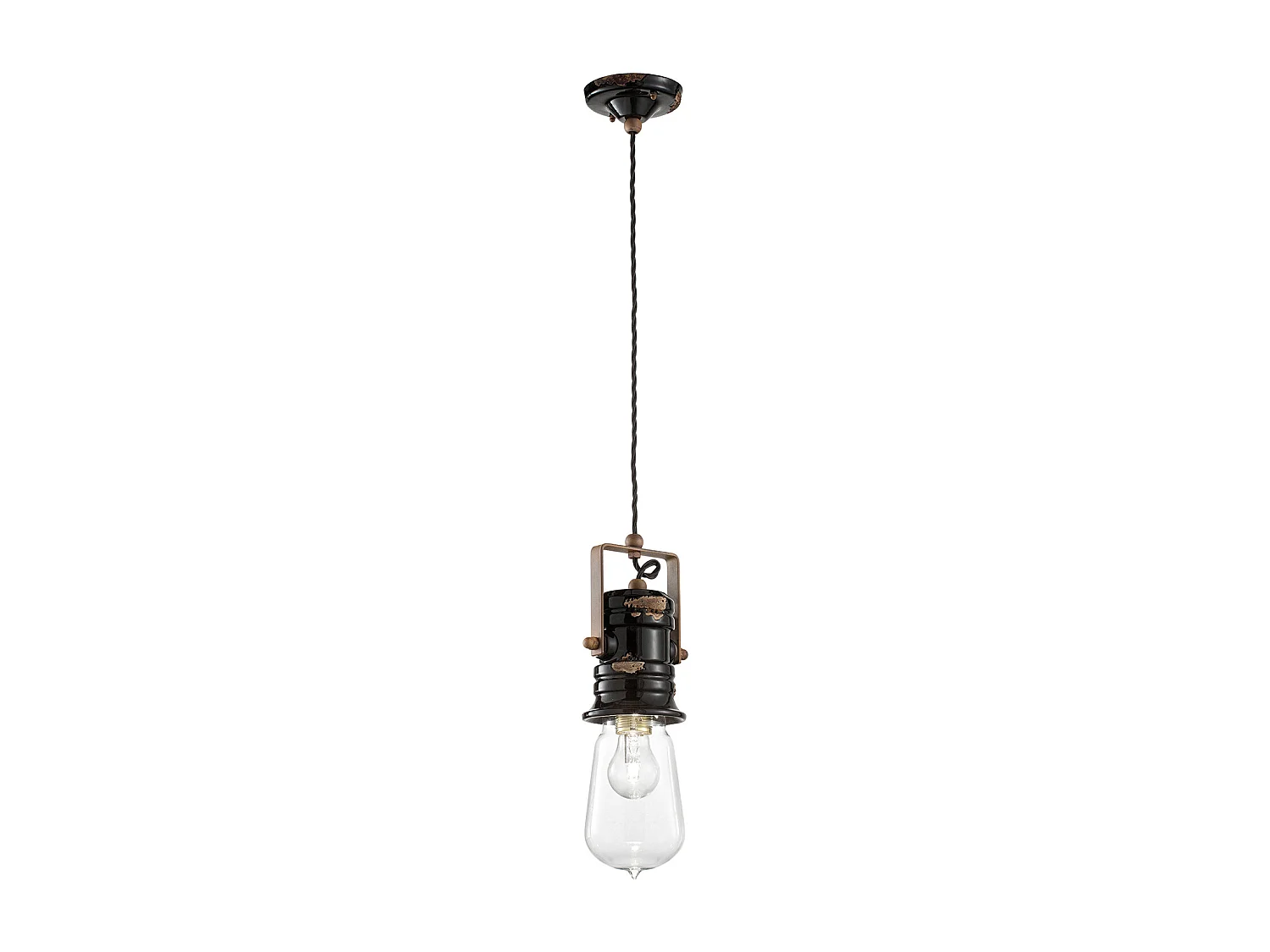 Lampadario Industrial Urban Ferro E Ceramica Vintage Nero 1 Luce E27 37Cm
