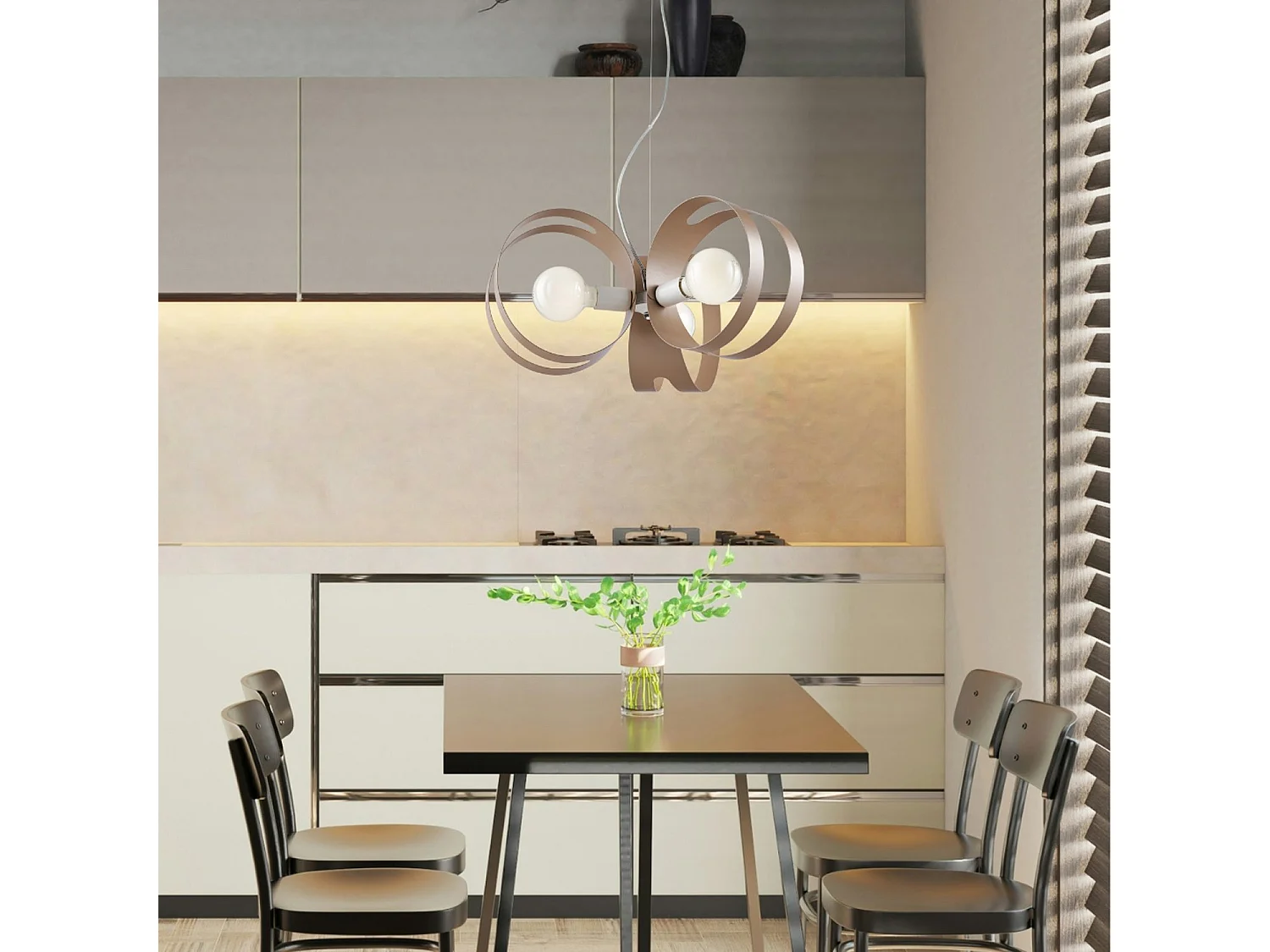 Suspension Peter fer blanc, bandes laser gris tourterelle, câble acier réglable, 3 lumières d.48 cm, design original