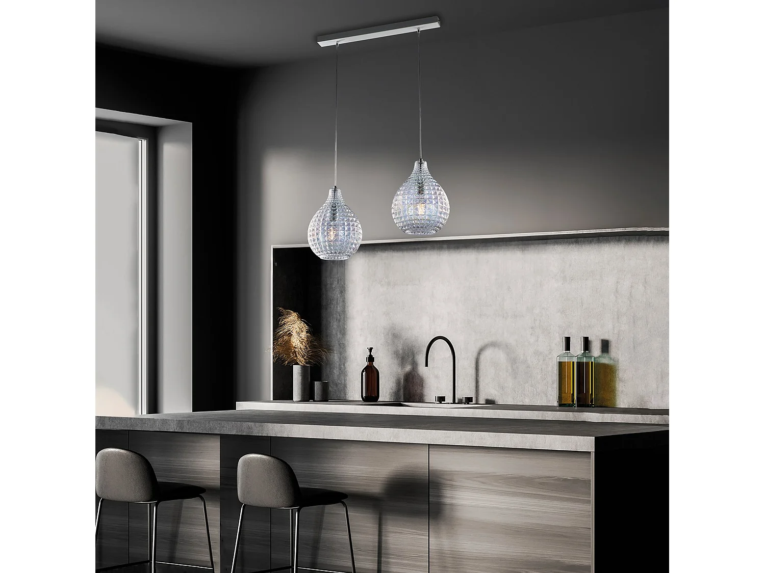 Diamante Calha em ferro branco e moldura cromada com cabos reguláveis ​​e difusores em vidro soprado transparente com dec. 2 efeitos de cristal de luz