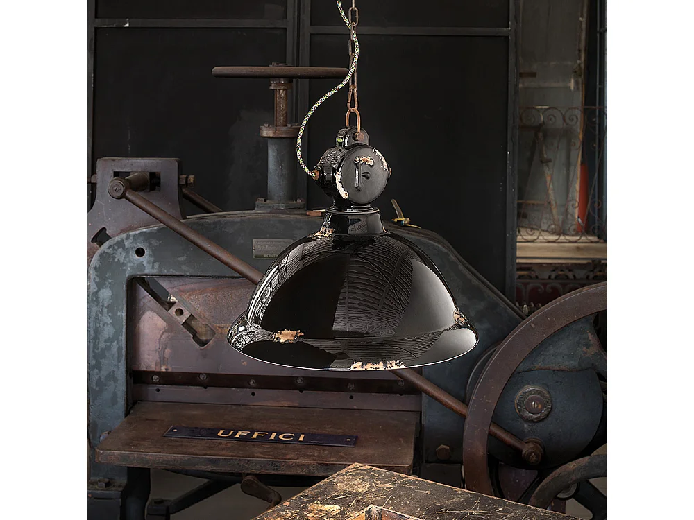 Lampadario Industrial Ferro E Ceramica Vintage Nero 1 Luce E27