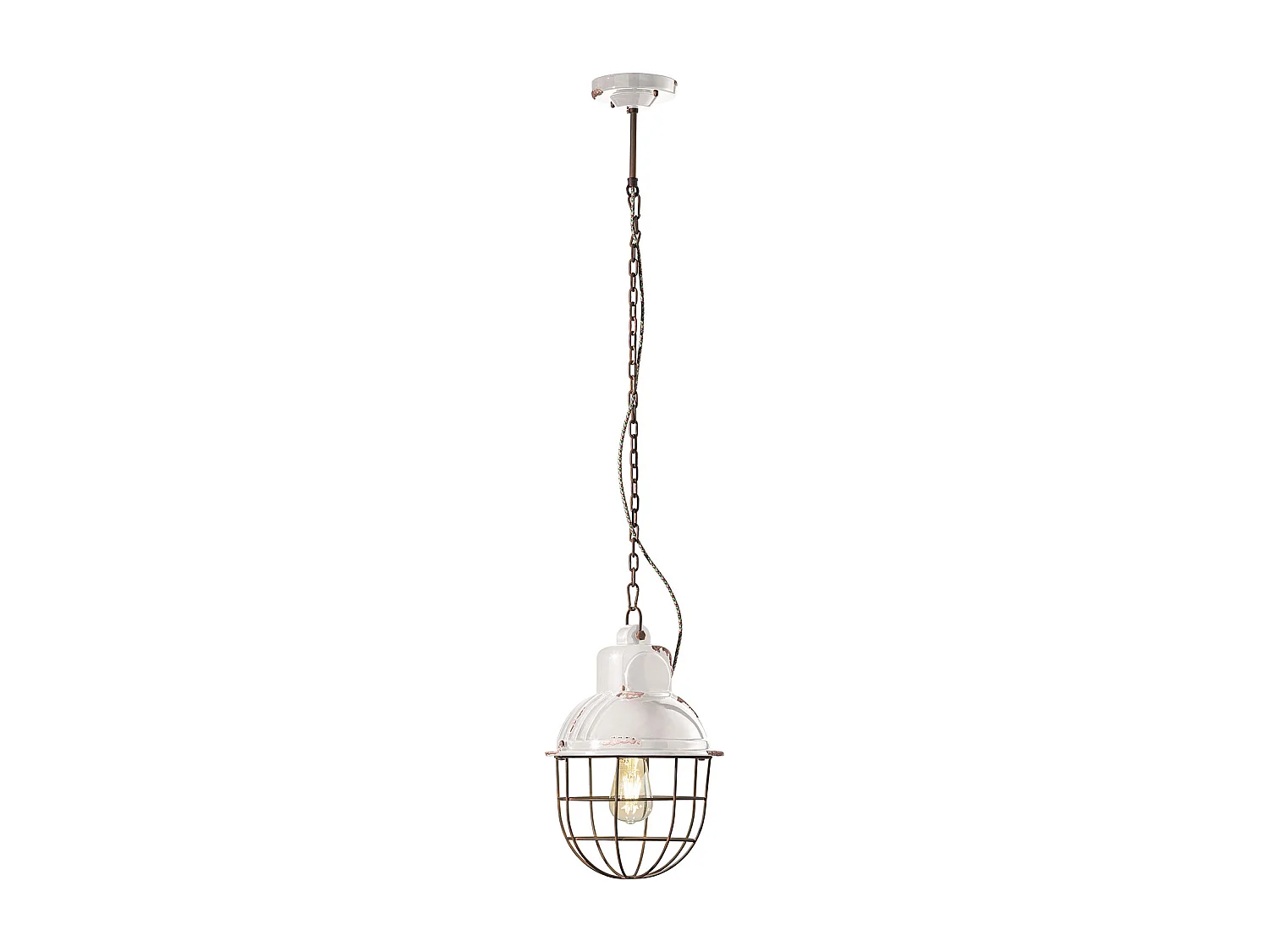 Lampadario Industrial Ferro E Ceramica Con Rete Vintage Bianco 1 Luce E27 26Cm