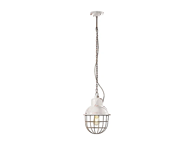 Lampadario Industrial Ferro E Ceramica Con Rete Vintage Bianco 1 Luce E27 26Cm