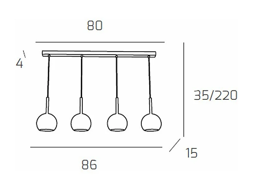 Sosp. Cromo Rettangolare 4 Luci Vetri Tutti Piccolo Rame