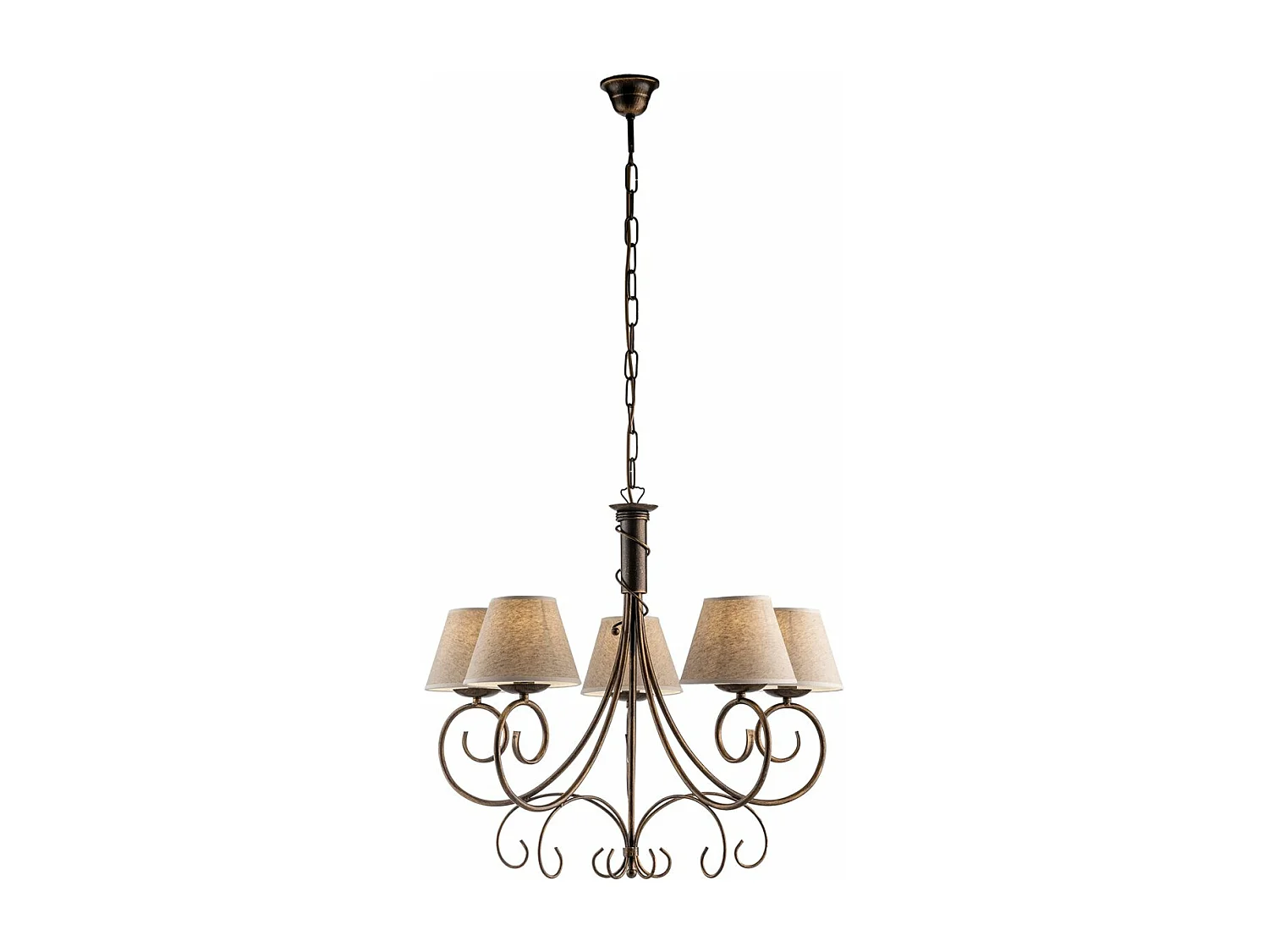 Vienesa - Lámpara de araña marrón con pantallas de yute y acabado oro antiguo, 5 luces Ø60 cm