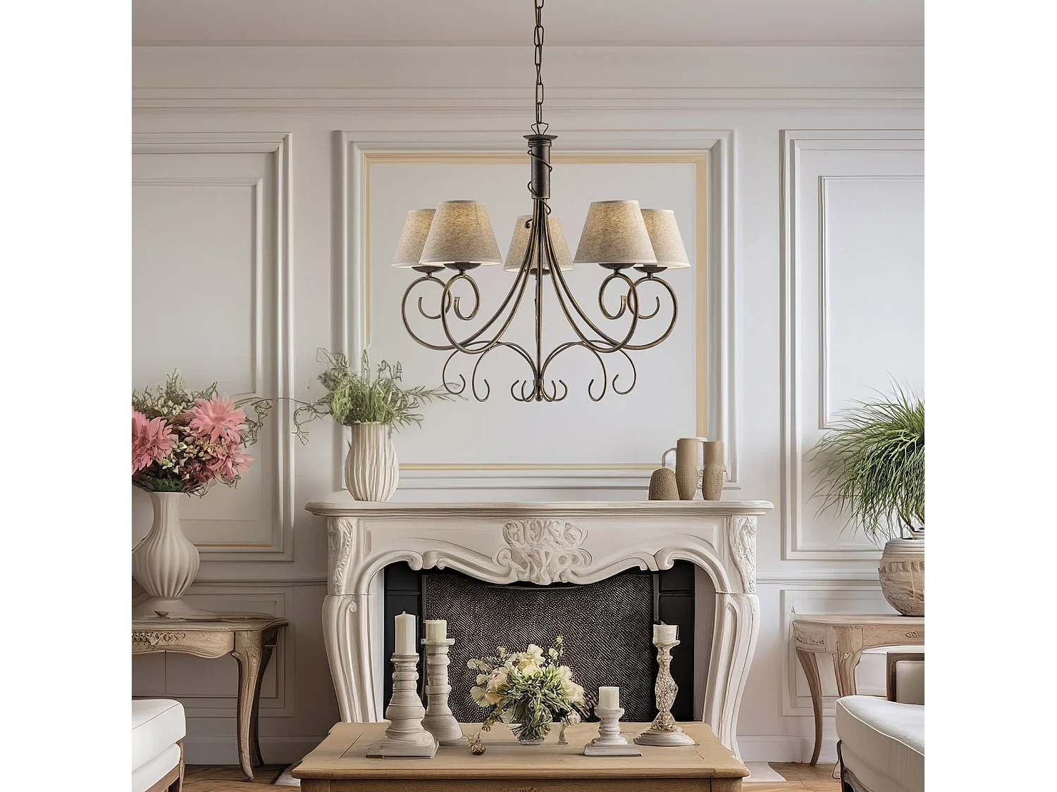 Lustre Vienna fer marron, décor or antique, abat-jour jute d.13, 5 lumières d.60 cm, style chaleureux vintage