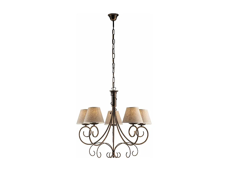 Lustre Vienna fer marron, décor or antique, abat-jour jute d.13, 5 lumières d.60 cm, style chaleureux vintage