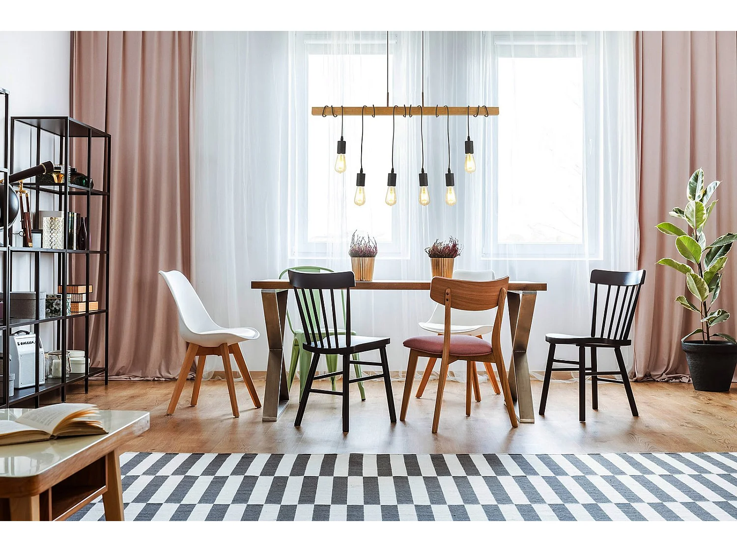 Lampadario Industrial-Nordico Fienile Acciaio Marrone 6 Luci E27