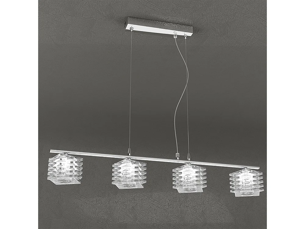 Sospensione Contemporanea Rubik Metallo Cromo Diffusore Cristallo 4 Luci G9