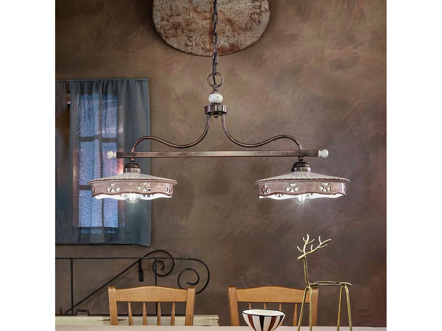 Lampadario Classico Alessandria Ferro E Ceramica Nero Sfumato Rame 2 Luci E27