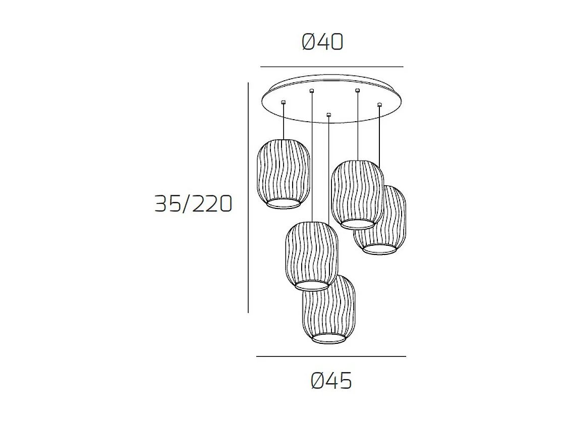 Sospensione Bianco 5 Luci Tonda Vetri 2X Tr + 3X Bf
