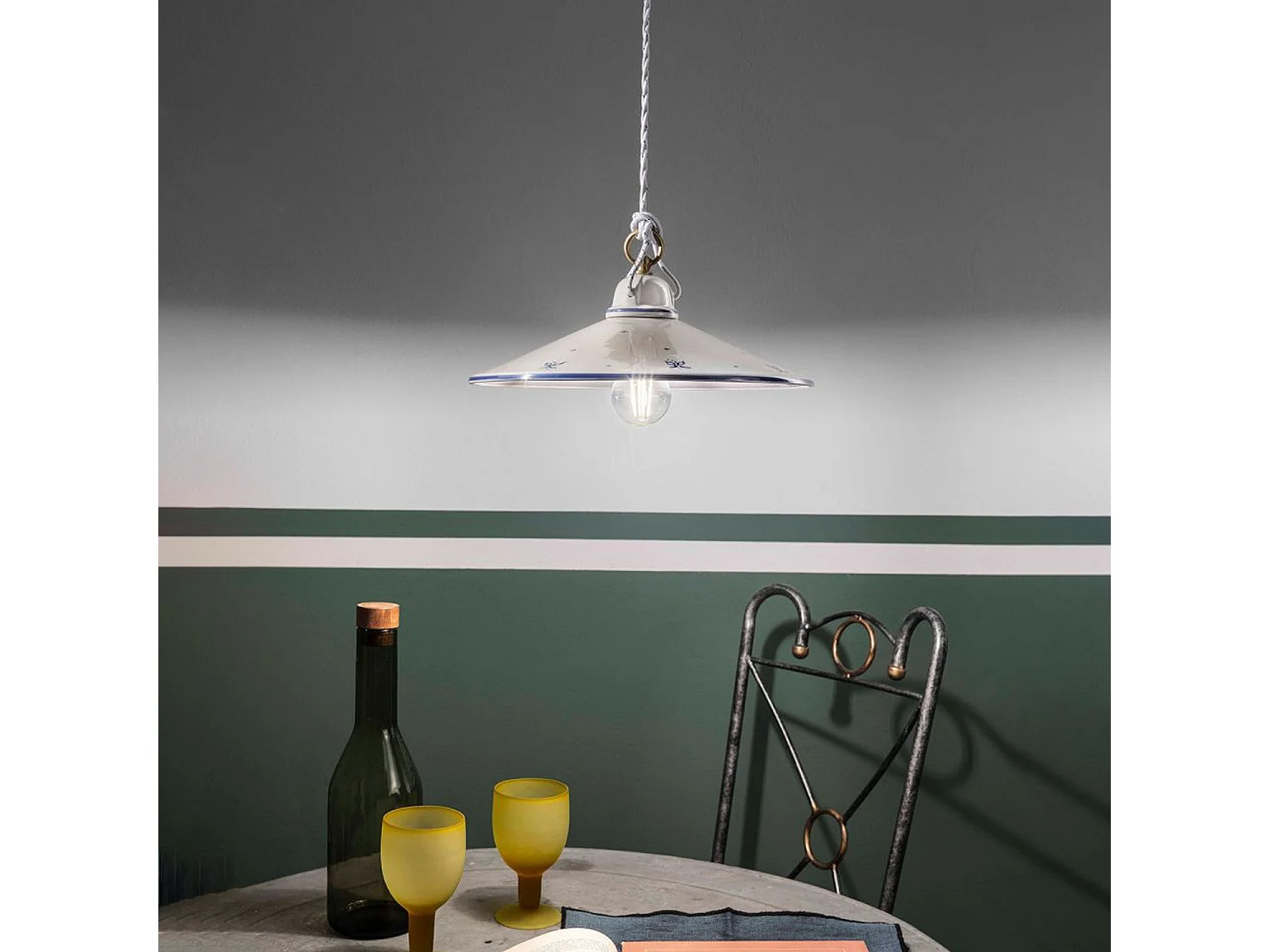 Sospensione Classica Asti Ceramica E Ottone Decorato Filo Blu 35Cm 1 Luce E27